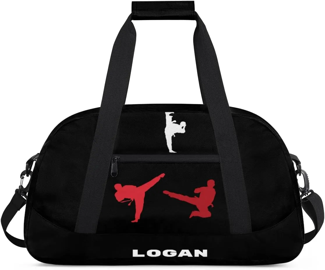Personalized Boy Sports Bag, Custom Sport Duffel Bag, Cheerleading Dance Bag Weekender Bags Travel Duffel Bag for Red White Martial Arts, Black