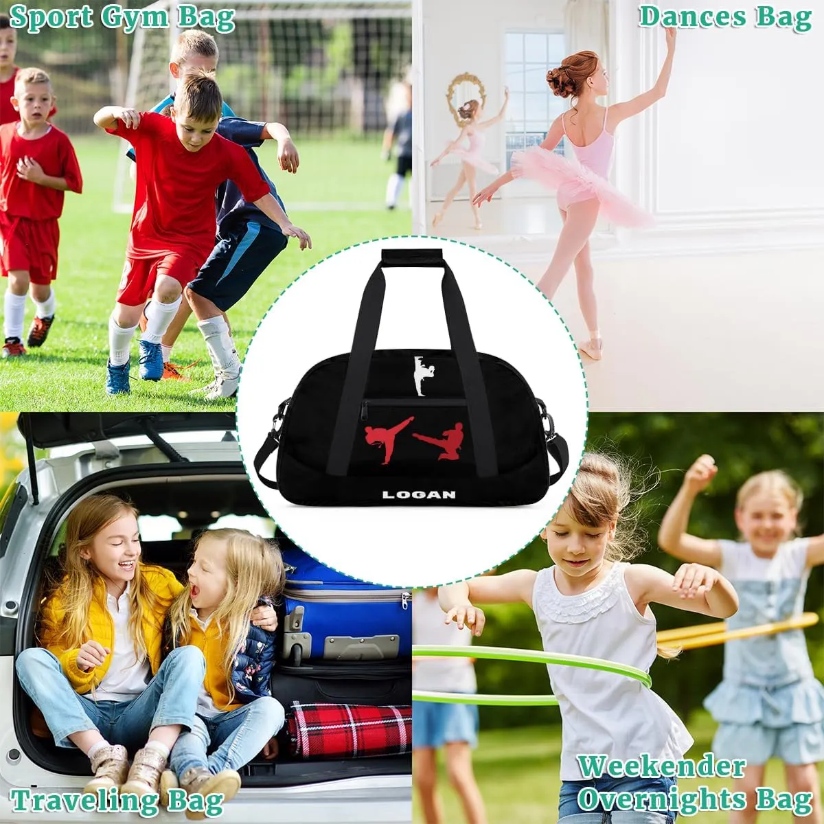Personalized Boy Sports Bag, Custom Sport Duffel Bag, Cheerleading Dance Bag Weekender Bags Travel Duffel Bag for Red White Martial Arts, Black