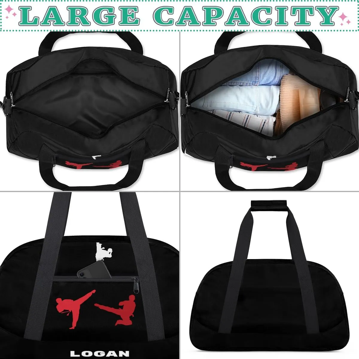 Personalized Boy Sports Bag, Custom Sport Duffel Bag, Cheerleading Dance Bag Weekender Bags Travel Duffel Bag for Red White Martial Arts, Black