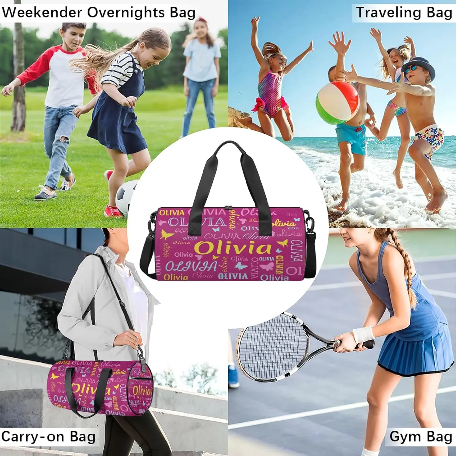Personalized Butterfly Duffel Bag with Name Round Custom Travel Sports Bag for Women Men Waterproof Dance Ballet Bag Lightweight 17.6in, Berry