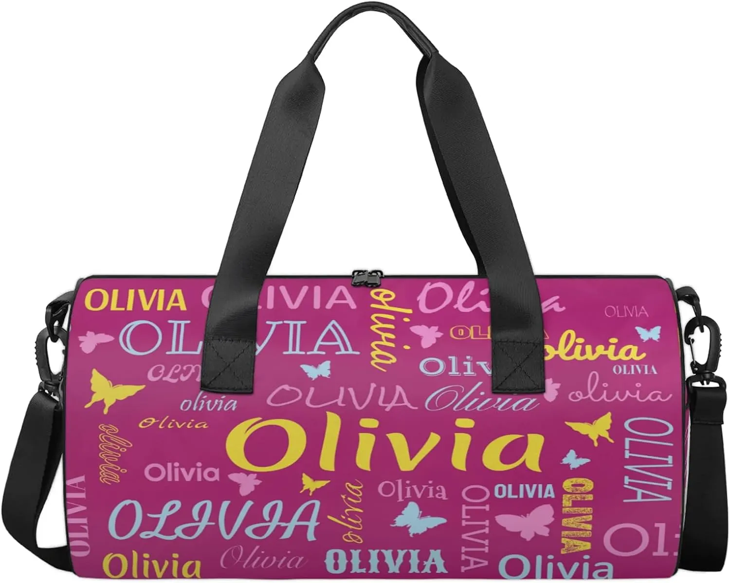 Personalized Butterfly Duffel Bag with Name Round Custom Travel Sports Bag for Women Men Waterproof Dance Ballet Bag Lightweight 17.6in, Berry
