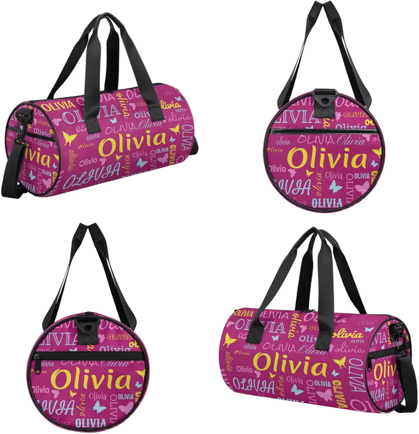 Personalized Butterfly Duffel Bag with Name Round Custom Travel Sports Bag for Women Men Waterproof Dance Ballet Bag Lightweight 17.6in, Berry