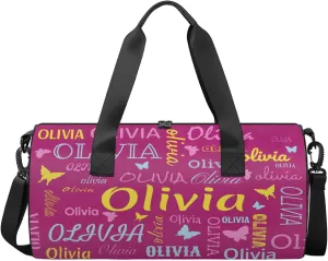 Personalized Butterfly Duffel Bag with Name Round Custom Travel Sports Bag for Women Men Waterproof Dance Ballet Bag Lightweight 17.6in, Berry