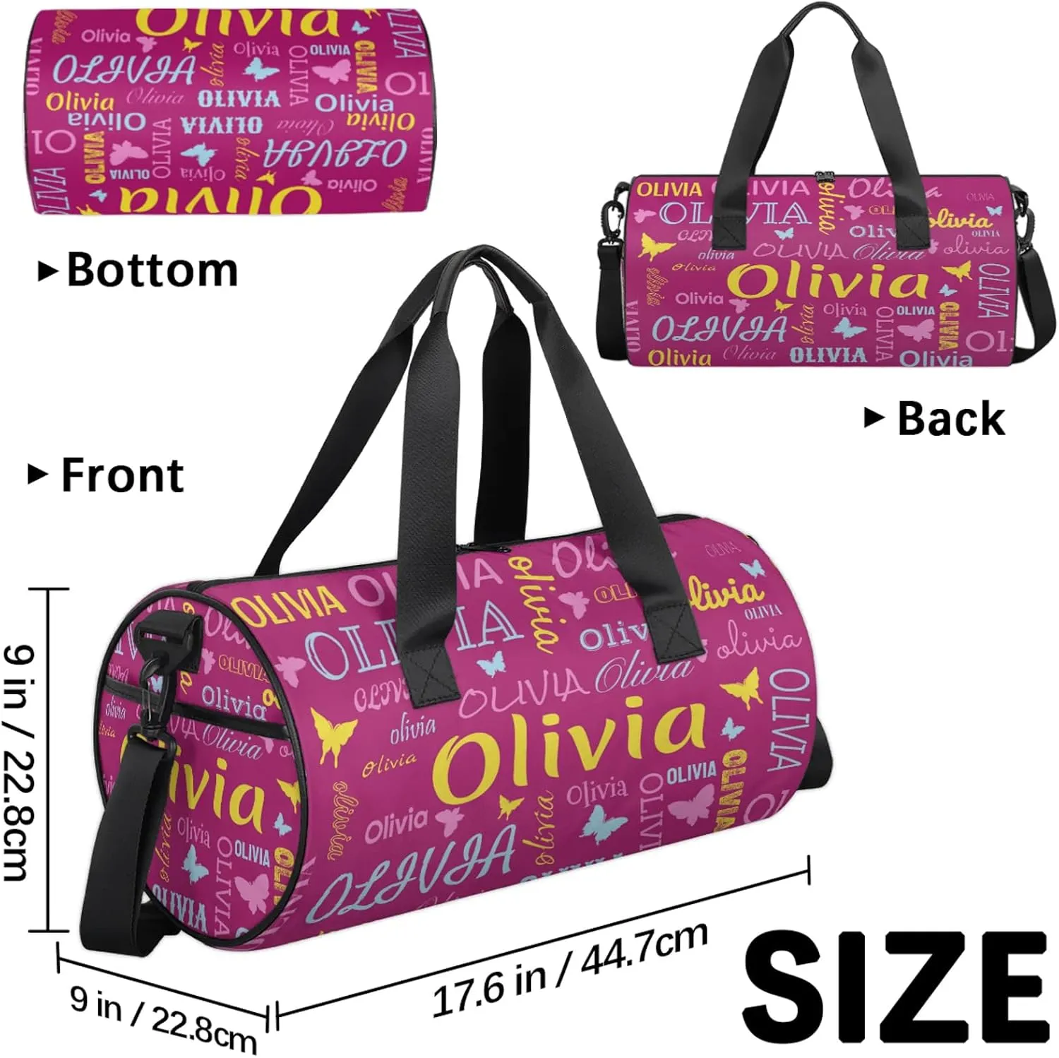 Personalized Butterfly Duffel Bag with Name Round Custom Travel Sports Bag for Women Men Waterproof Dance Ballet Bag Lightweight 17.6in, Berry