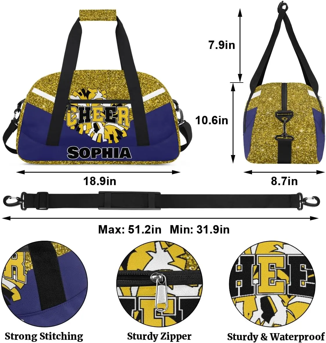 Personalized Cheer Bag Gym Bag Customized Cheerleader Sport Duffel Bag with Name, Overnight Weekender Bags for Birthday Cheerleading Gift, Glitter Gold Blue