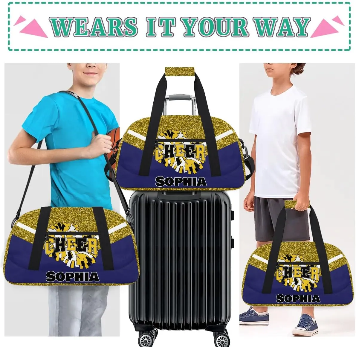 Personalized Cheer Bag Gym Bag Customized Cheerleader Sport Duffel Bag with Name, Overnight Weekender Bags for Birthday Cheerleading Gift, Glitter Gold Blue