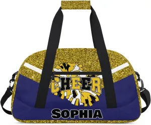 Personalized Cheer Bag Gym Bag Customized Cheerleader Sport Duffel Bag with Name, Overnight Weekender Bags for Birthday Cheerleading Gift, Glitter Gold Blue