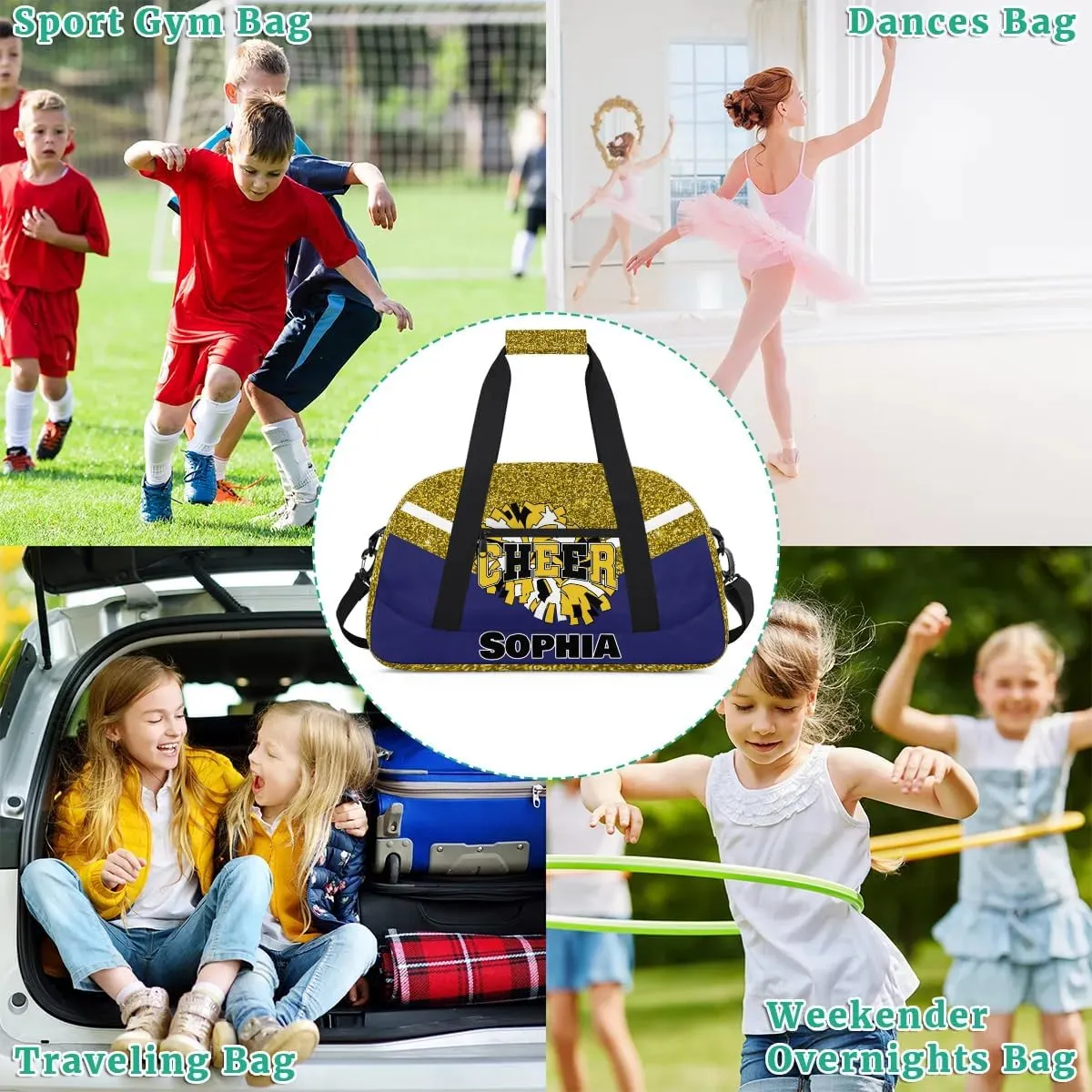 Personalized Cheer Bag Gym Bag Customized Cheerleader Sport Duffel Bag with Name, Overnight Weekender Bags for Birthday Cheerleading Gift, Glitter Gold Blue
