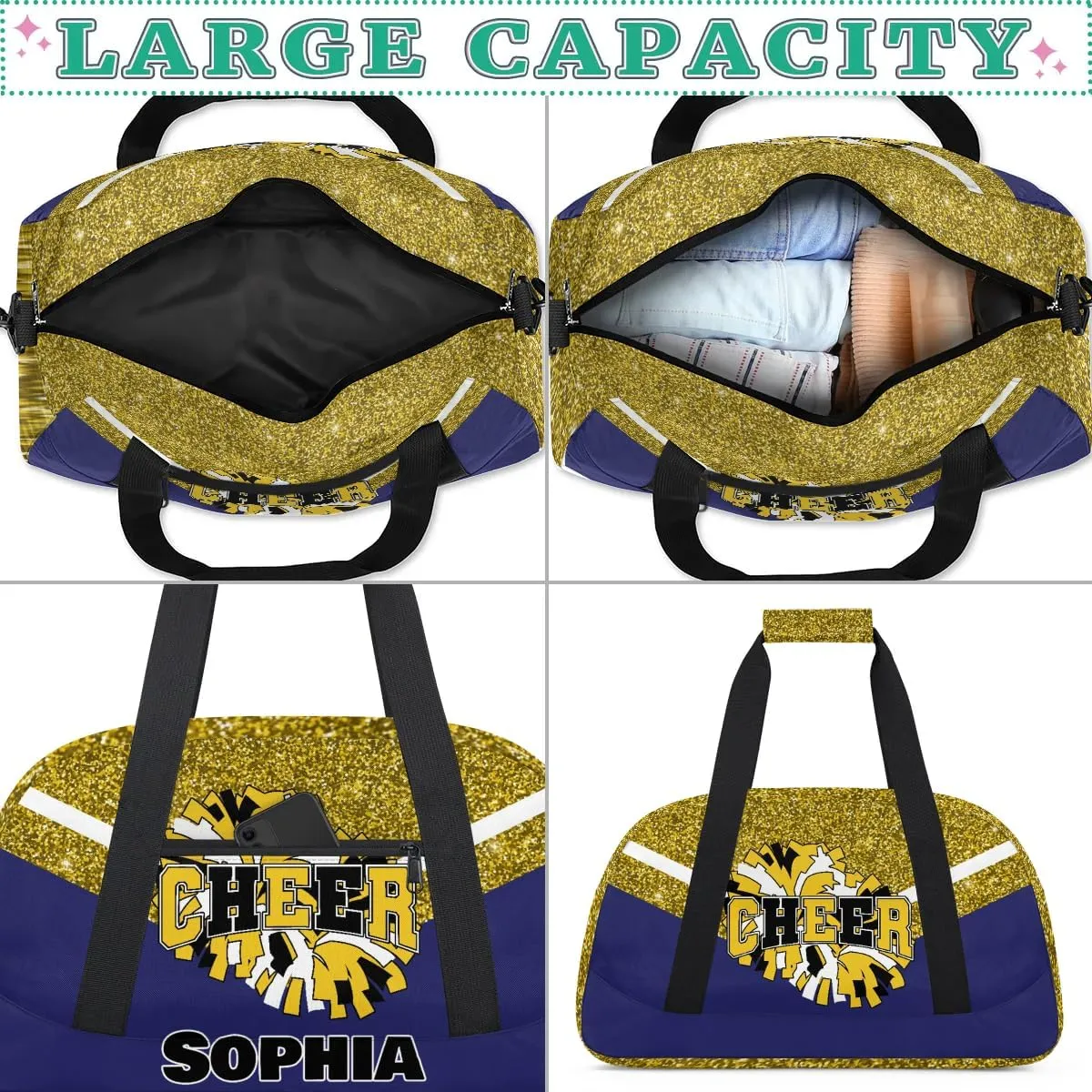 Personalized Cheer Bag Gym Bag Customized Cheerleader Sport Duffel Bag with Name, Overnight Weekender Bags for Birthday Cheerleading Gift, Glitter Gold Blue