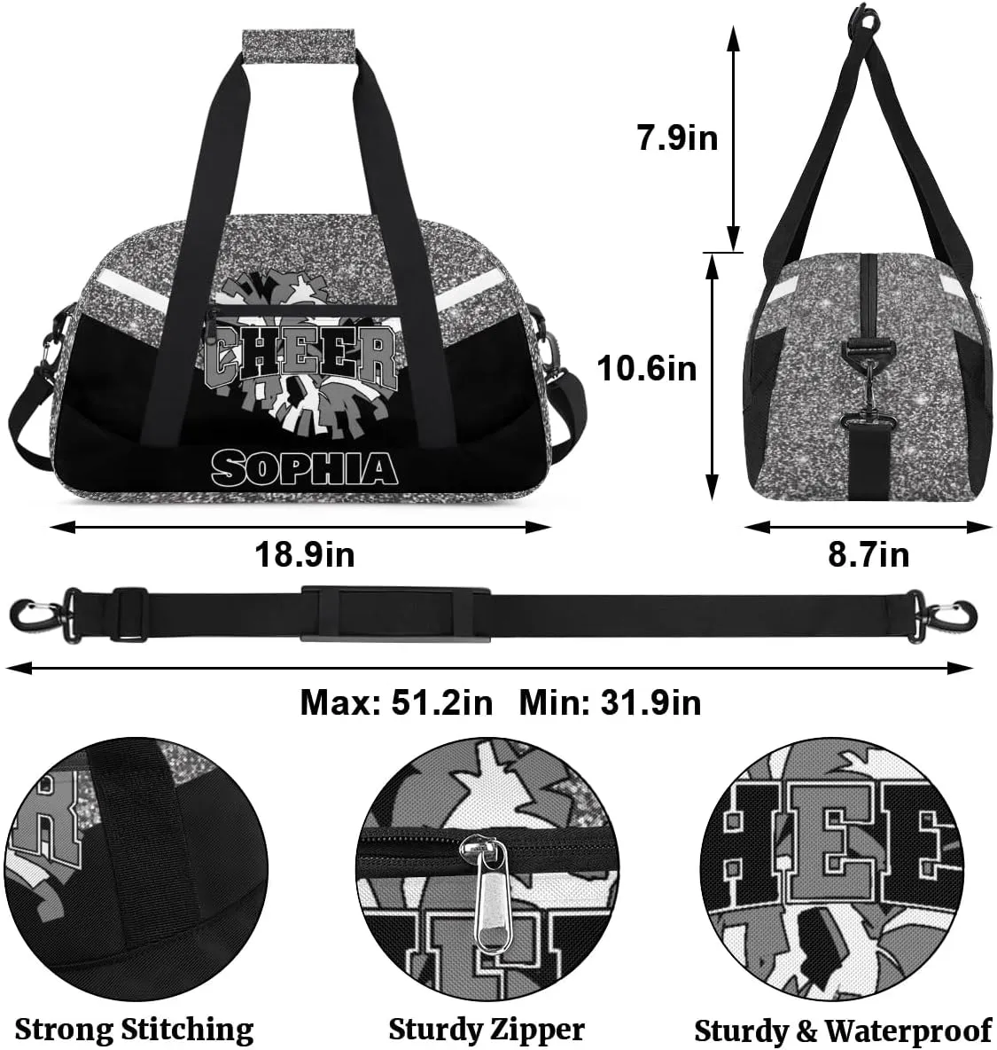 Personalized Cheer Bag Gym Bag Customized Cheerleader Sport Duffel Bag with Name, Overnight Weekender Bags for Birthday Cheerleading Gift, Glitter Grey
