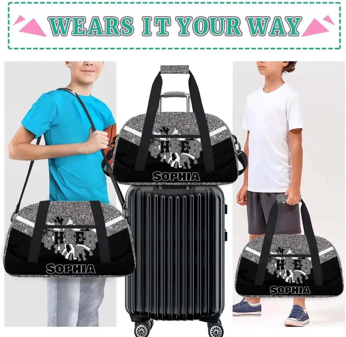 Personalized Cheer Bag Gym Bag Customized Cheerleader Sport Duffel Bag with Name, Overnight Weekender Bags for Birthday Cheerleading Gift, Glitter Grey