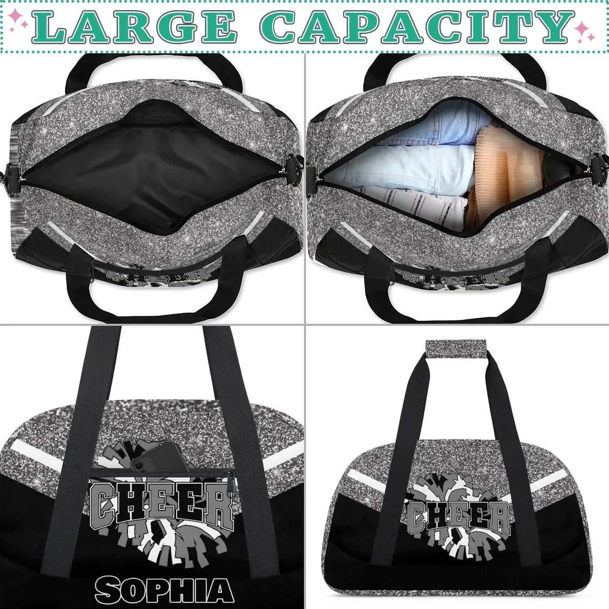 Personalized Cheer Bag Gym Bag Customized Cheerleader Sport Duffel Bag with Name, Overnight Weekender Bags for Birthday Cheerleading Gift, Glitter Grey