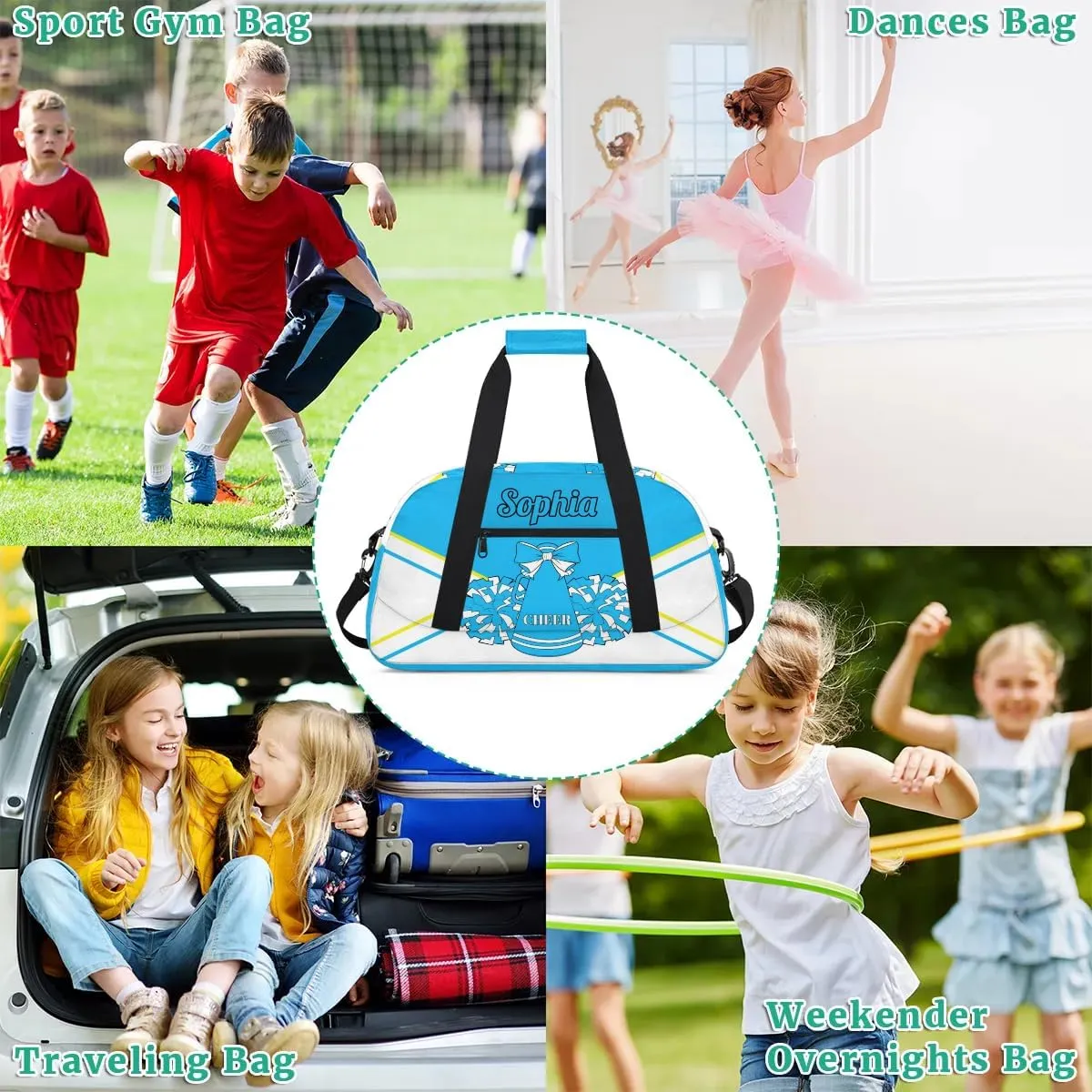 Personalized Cheer Duffel Bag - Custom Cheerleader Bag with Name for Sport Events, Dance, Gym, Overnight, Weekender, Carry-on, Blue White