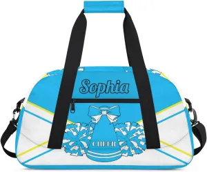 Personalized Cheer Duffel Bag - Custom Cheerleader Bag with Name for Sport Events, Dance, Gym, Overnight, Weekender, Carry-on, Blue White