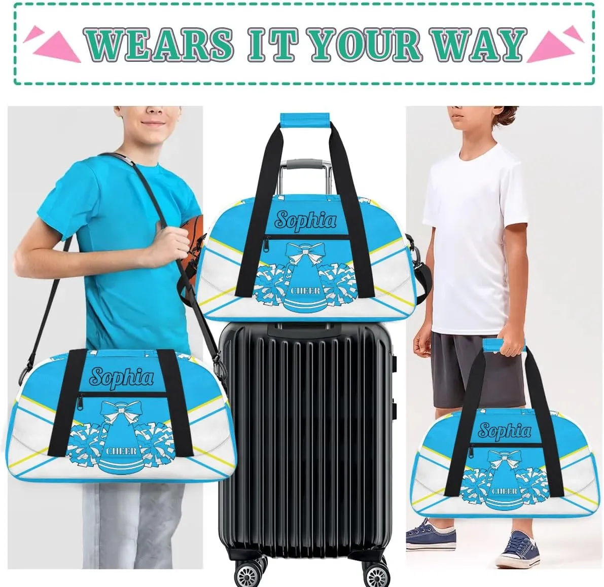 Personalized Cheer Duffel Bag - Custom Cheerleader Bag with Name for Sport Events, Dance, Gym, Overnight, Weekender, Carry-on, Blue White