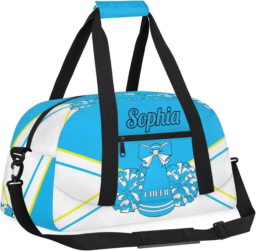 Personalized Cheer Duffel Bag - Custom Cheerleader Bag with Name for Sport Events, Dance, Gym, Overnight, Weekender, Carry-on, Blue White