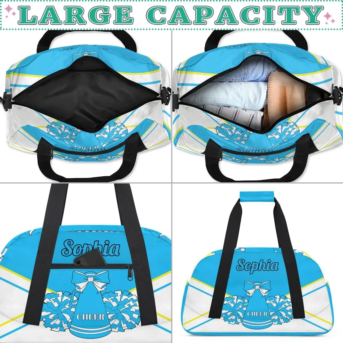 Personalized Cheer Duffel Bag - Custom Cheerleader Bag with Name for Sport Events, Dance, Gym, Overnight, Weekender, Carry-on, Blue White