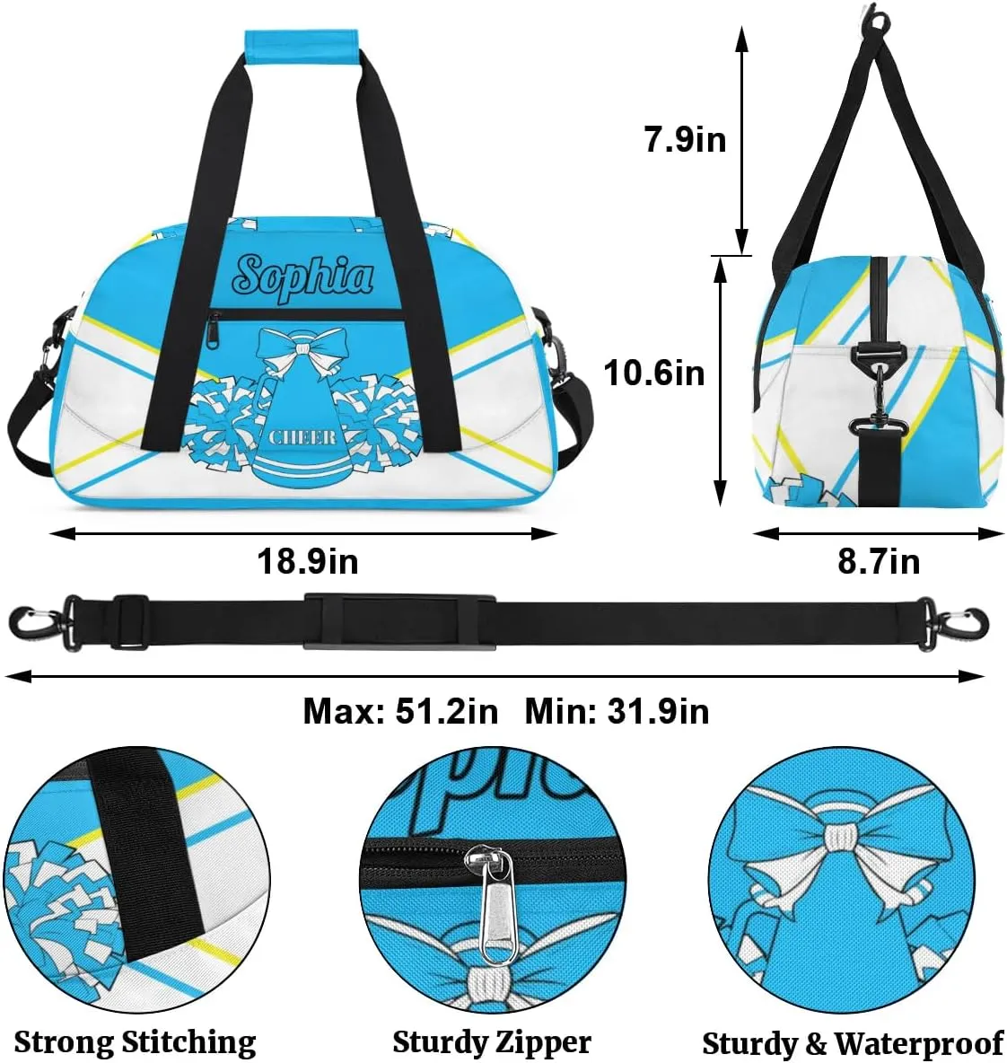 Personalized Cheer Duffel Bag - Custom Cheerleader Bag with Name for Sport Events, Dance, Gym, Overnight, Weekender, Carry-on, Blue White
