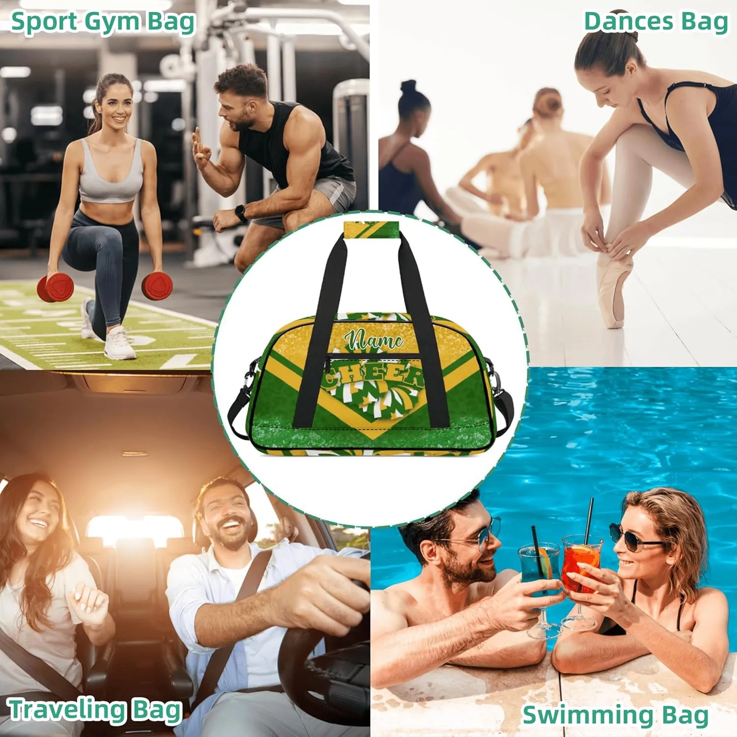 Personalized Cheer Duffle Bag for Cheerleaders, Custom Cheerleading Gym Bag for Women, Cheer Duffel Bag with Name (Silver&Green)