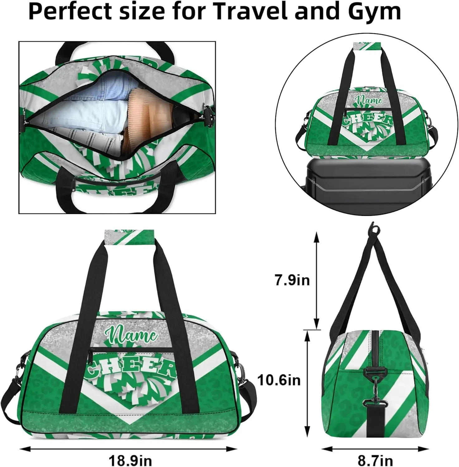 Personalized Cheer Duffle Bag for Cheerleaders, Custom Cheerleading Gym Bag for Women, Cheer Duffel Bag with Name (Silver&Green)