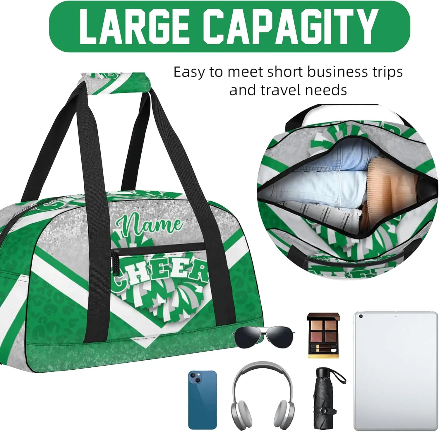 Personalized Cheer Duffle Bag for Cheerleaders, Custom Cheerleading Gym Bag for Women, Cheer Duffel Bag with Name (Silver&Green)