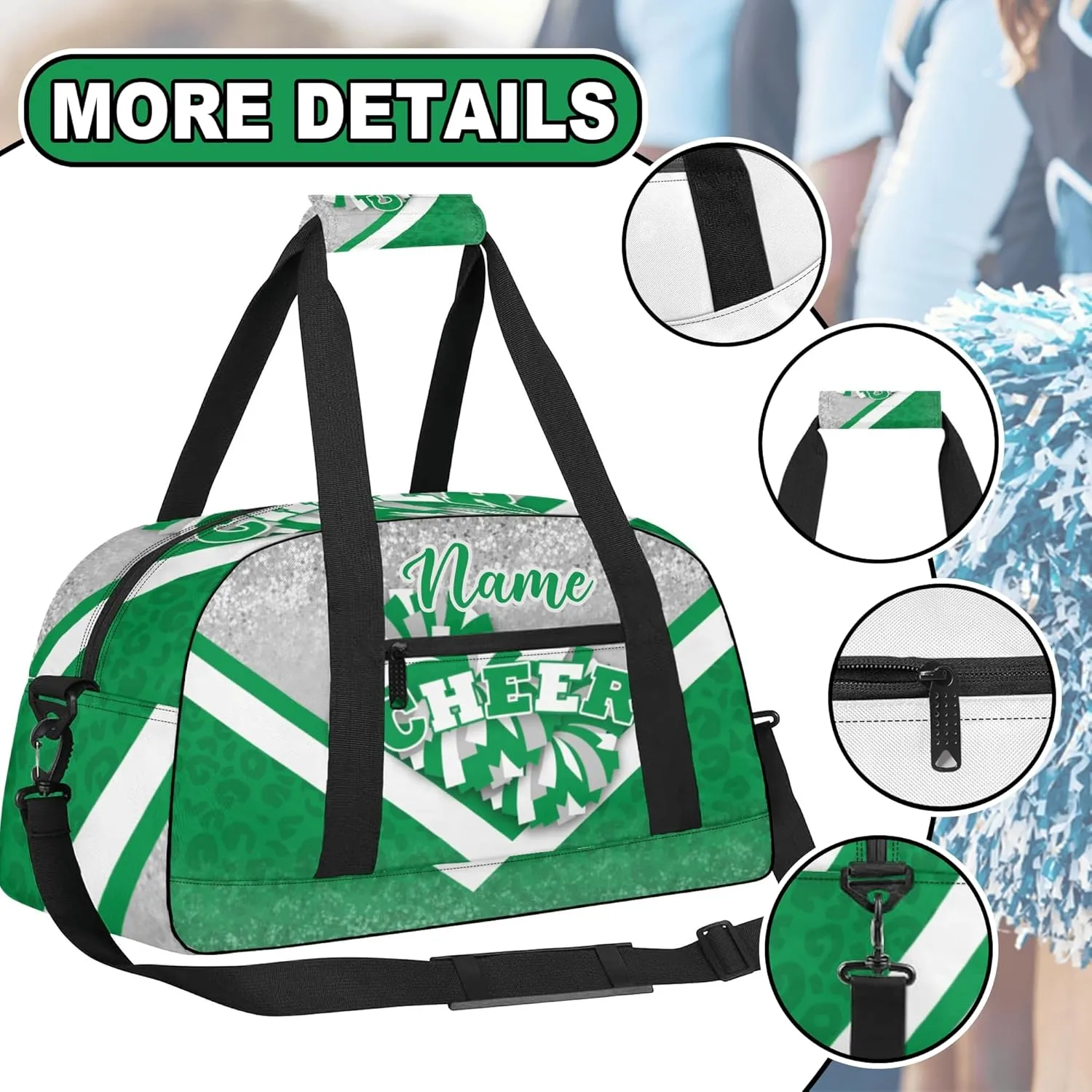 Personalized Cheer Duffle Bag for Cheerleaders, Custom Cheerleading Gym Bag for Women, Cheer Duffel Bag with Name (Silver&Green)