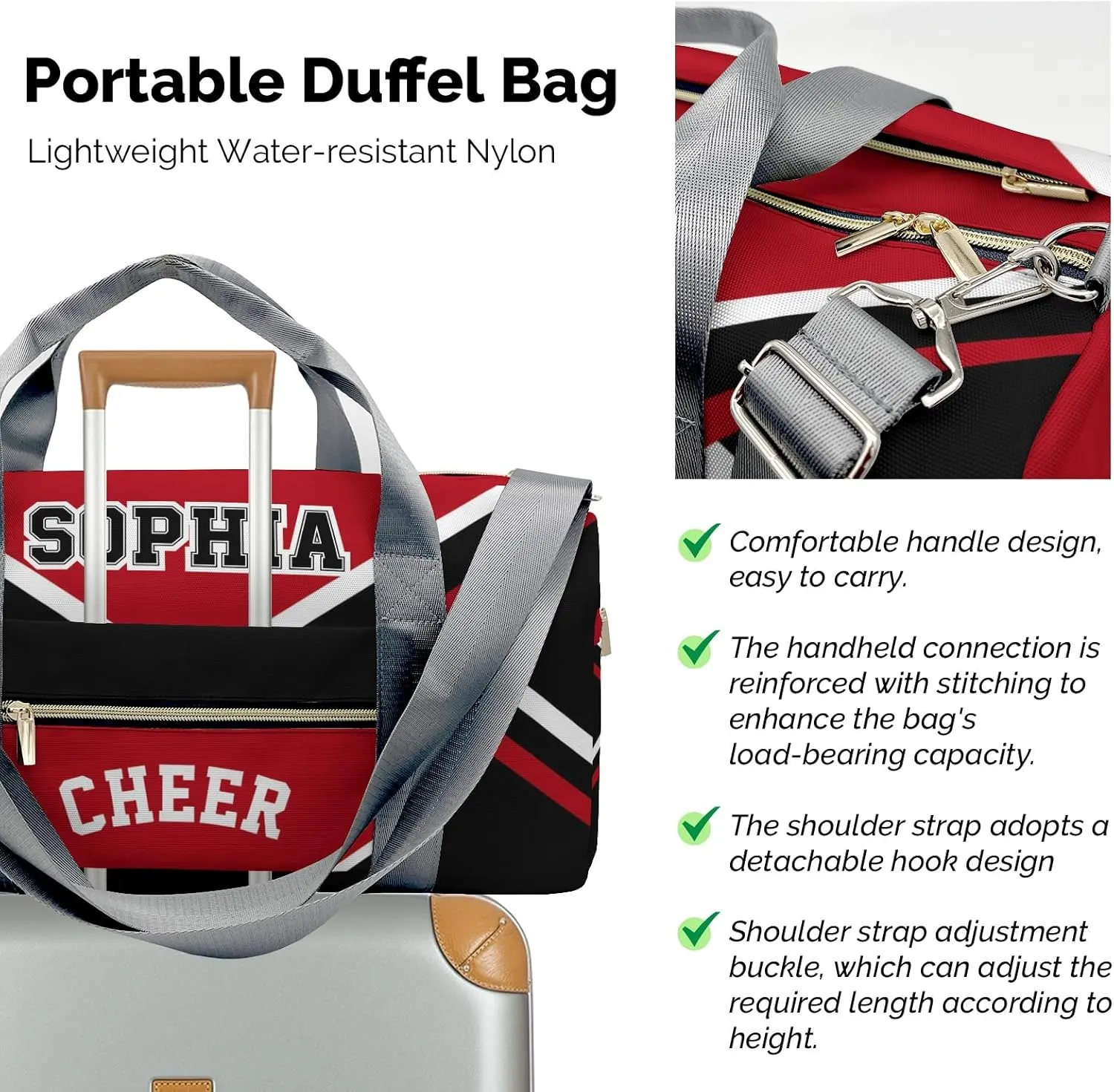 Personalized Cheer Red Black Cheerleader Duffel Bag Travel Bag with Shoes Compartment Gym Yoga Sport Men Women Waterproof with Name