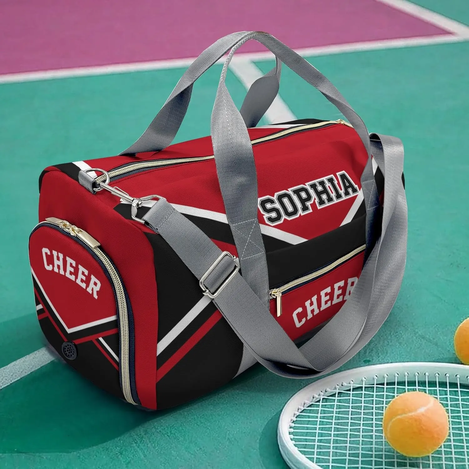 Personalized Cheer Red Black Cheerleader Duffel Bag Travel Bag with Shoes Compartment Gym Yoga Sport Men Women Waterproof with Name