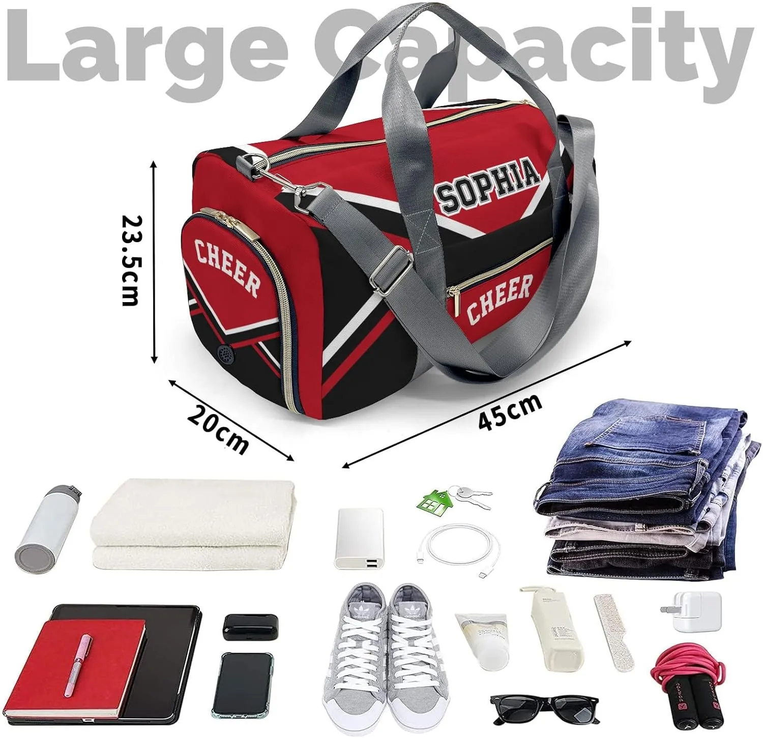 Personalized Cheer Red Black Cheerleader Duffel Bag Travel Bag with Shoes Compartment Gym Yoga Sport Men Women Waterproof with Name