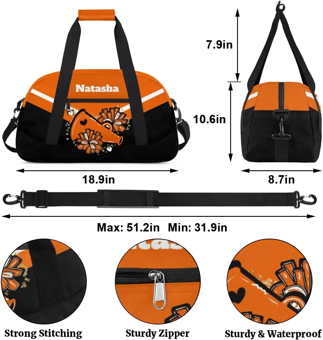 Personalized Cheerleader Bag Dance Bag for Girl, Custom Team Bag Gymnastics Bag Sport Duffel Bag, Weekender Bags Travel Duffel Bag for Cheer Team Orange Cheerleader