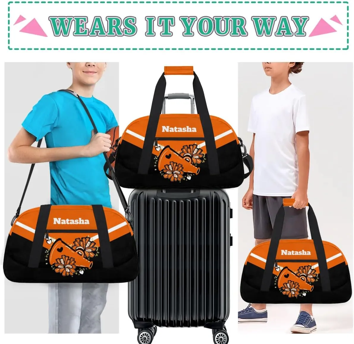 Personalized Cheerleader Bag Dance Bag for Girl, Custom Team Bag Gymnastics Bag Sport Duffel Bag, Weekender Bags Travel Duffel Bag for Cheer Team Orange Cheerleader