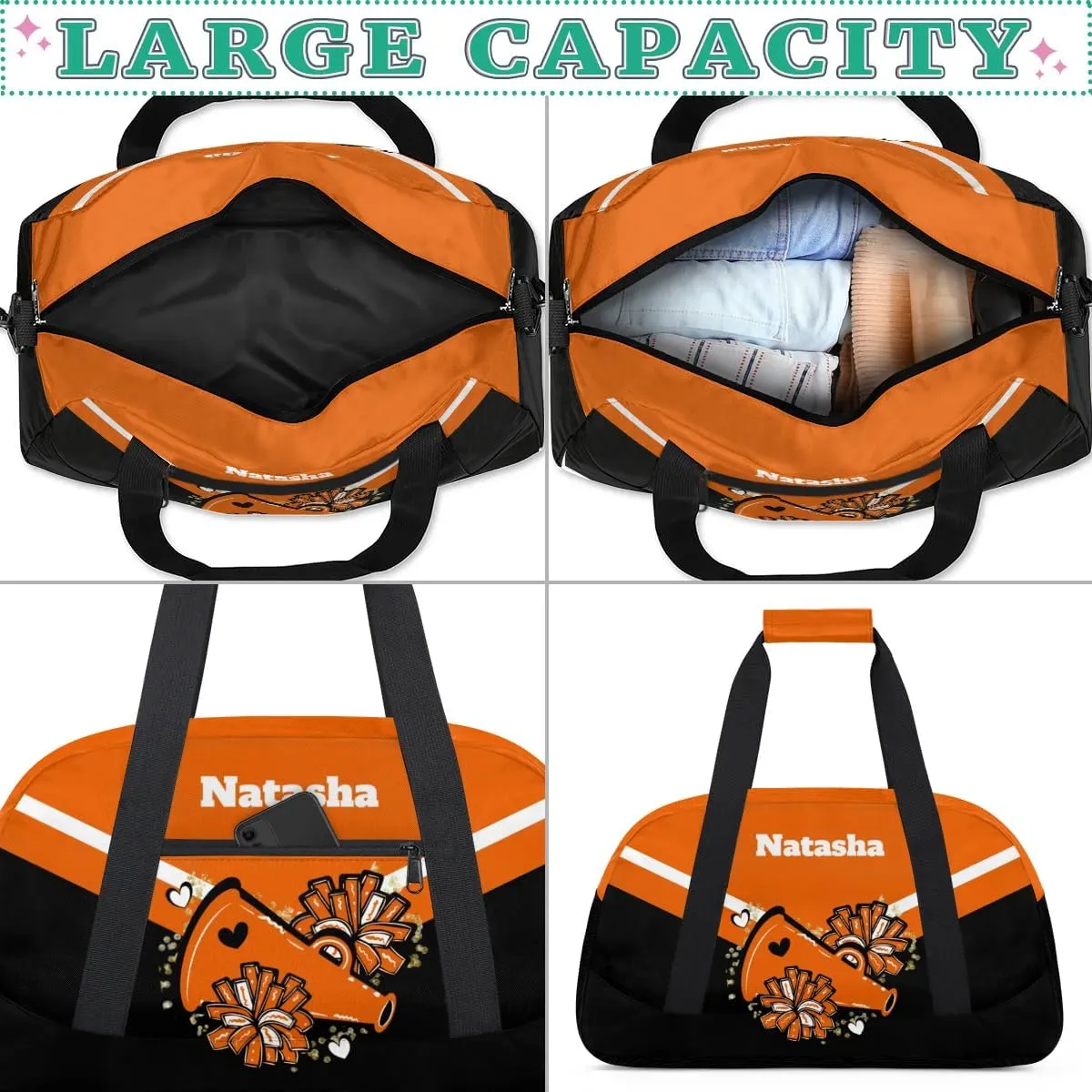 Personalized Cheerleader Bag Dance Bag for Girl, Custom Team Bag Gymnastics Bag Sport Duffel Bag, Weekender Bags Travel Duffel Bag for Cheer Team Orange Cheerleader