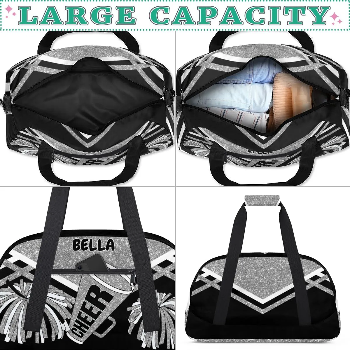 Personalized Cheerleading Dance Bag Girls, Sports Bag Gym Sport Duffel Bag Weekender Bags Travel Dancing Lightweight Bag, Silver Black Glitters