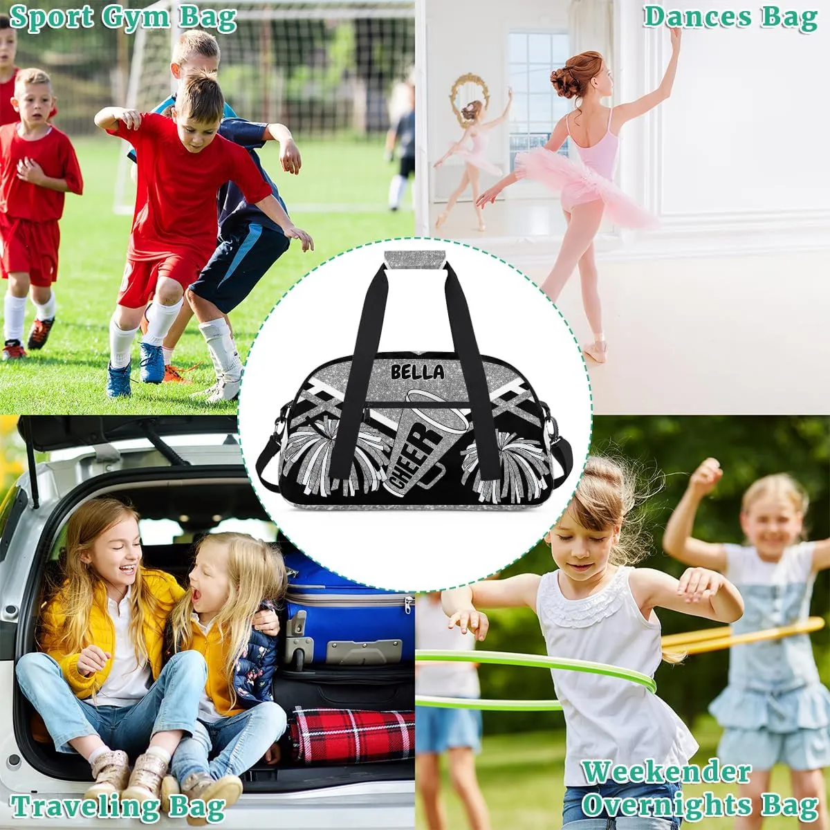 Personalized Cheerleading Dance Bag Girls, Sports Bag Gym Sport Duffel Bag Weekender Bags Travel Dancing Lightweight Bag, Silver Black Glitters