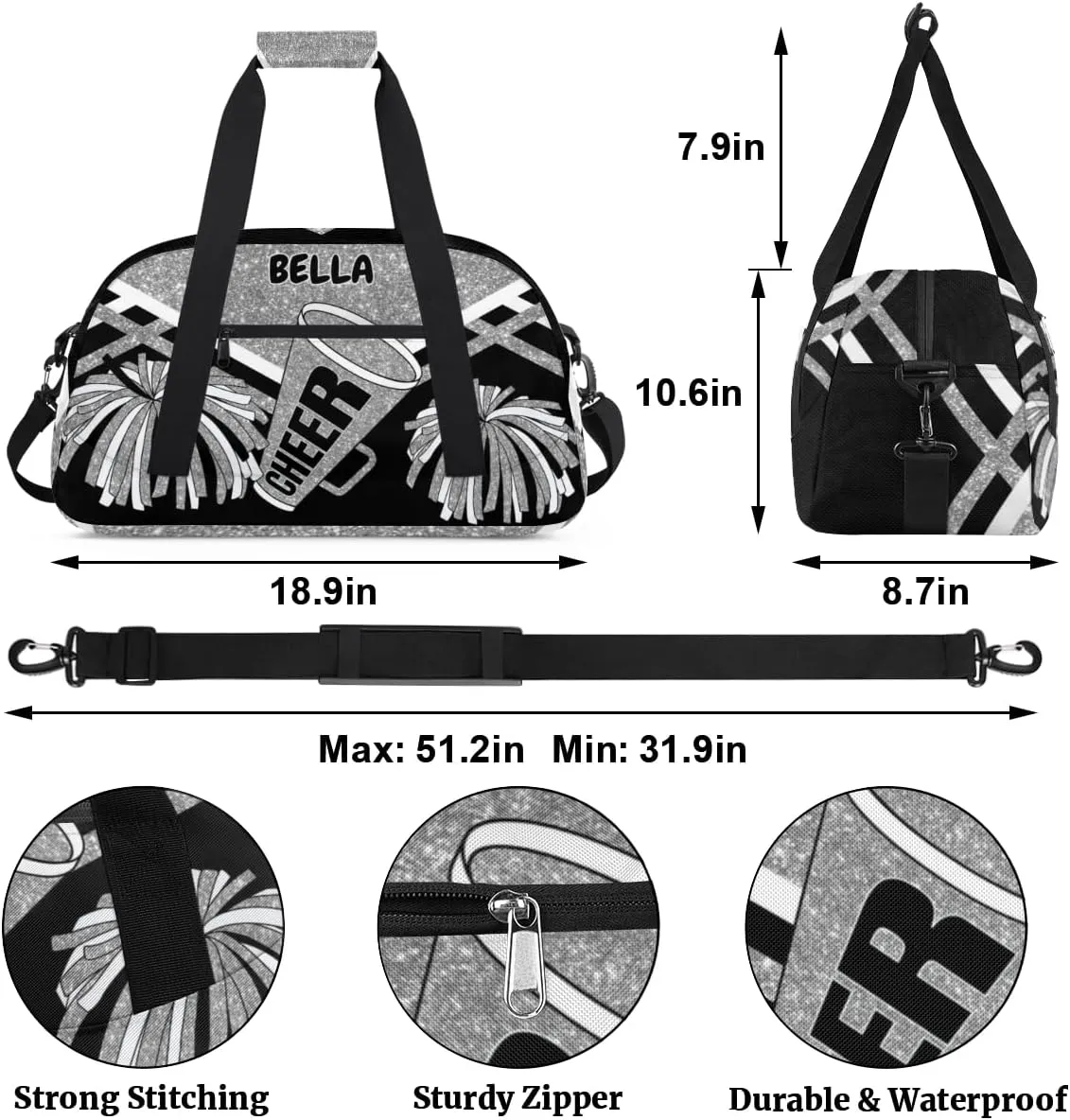 Personalized Cheerleading Dance Bag Girls, Sports Bag Gym Sport Duffel Bag Weekender Bags Travel Dancing Lightweight Bag, Silver Black Glitters
