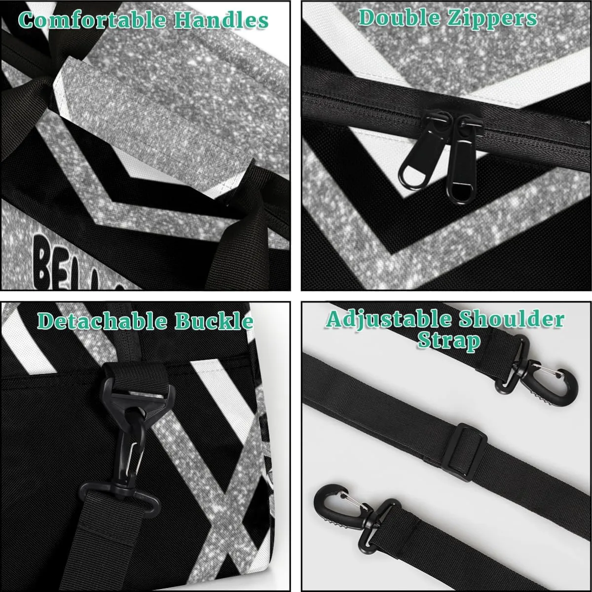Personalized Cheerleading Dance Bag Girls, Sports Bag Gym Sport Duffel Bag Weekender Bags Travel Dancing Lightweight Bag, Silver Black Glitters