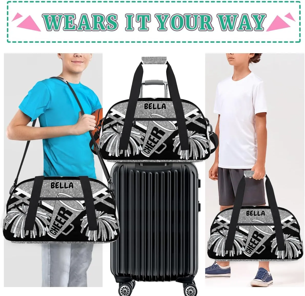 Personalized Cheerleading Dance Bag Girls, Sports Bag Gym Sport Duffel Bag Weekender Bags Travel Dancing Lightweight Bag, Silver Black Glitters