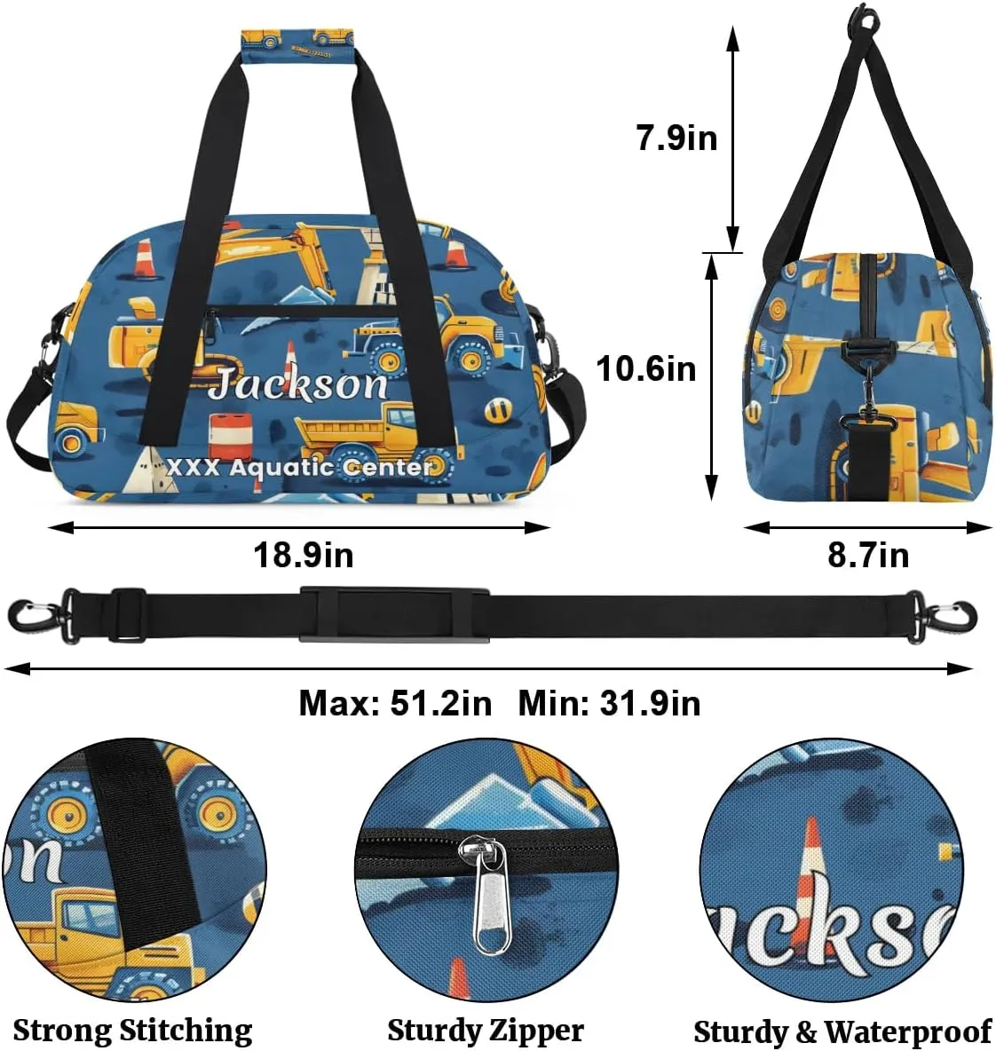 Personalized Cool Car Gym Duffel Bags for Kids Boys with Custom Name Sport Training Travel Bags for Overnight Weekender - Blue