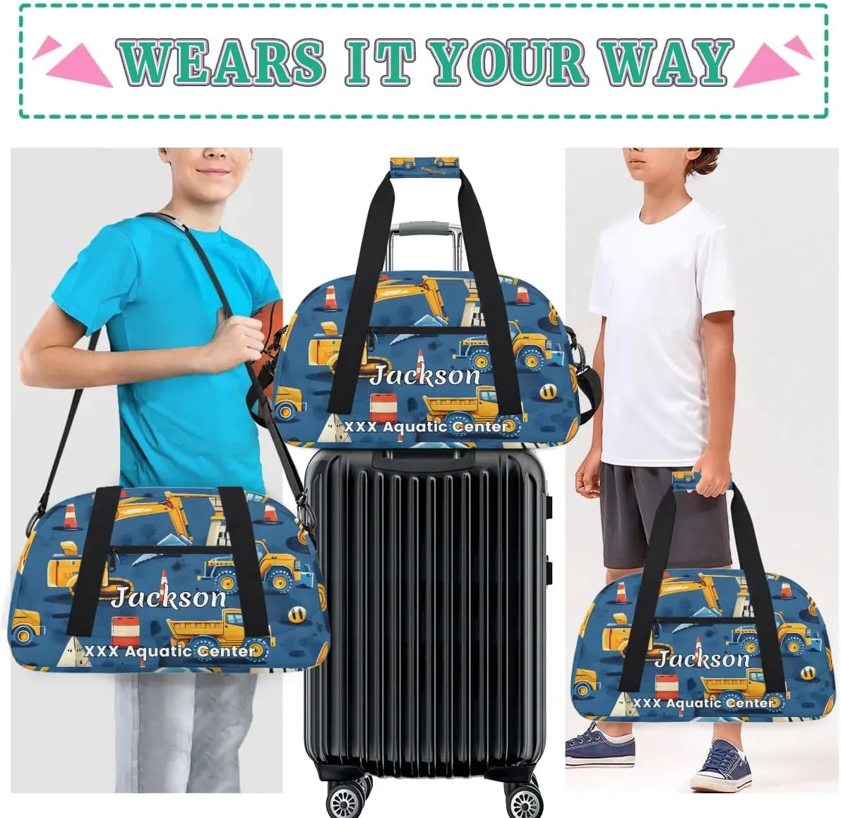 Personalized Cool Car Gym Duffel Bags for Kids Boys with Custom Name Sport Training Travel Bags for Overnight Weekender - Blue