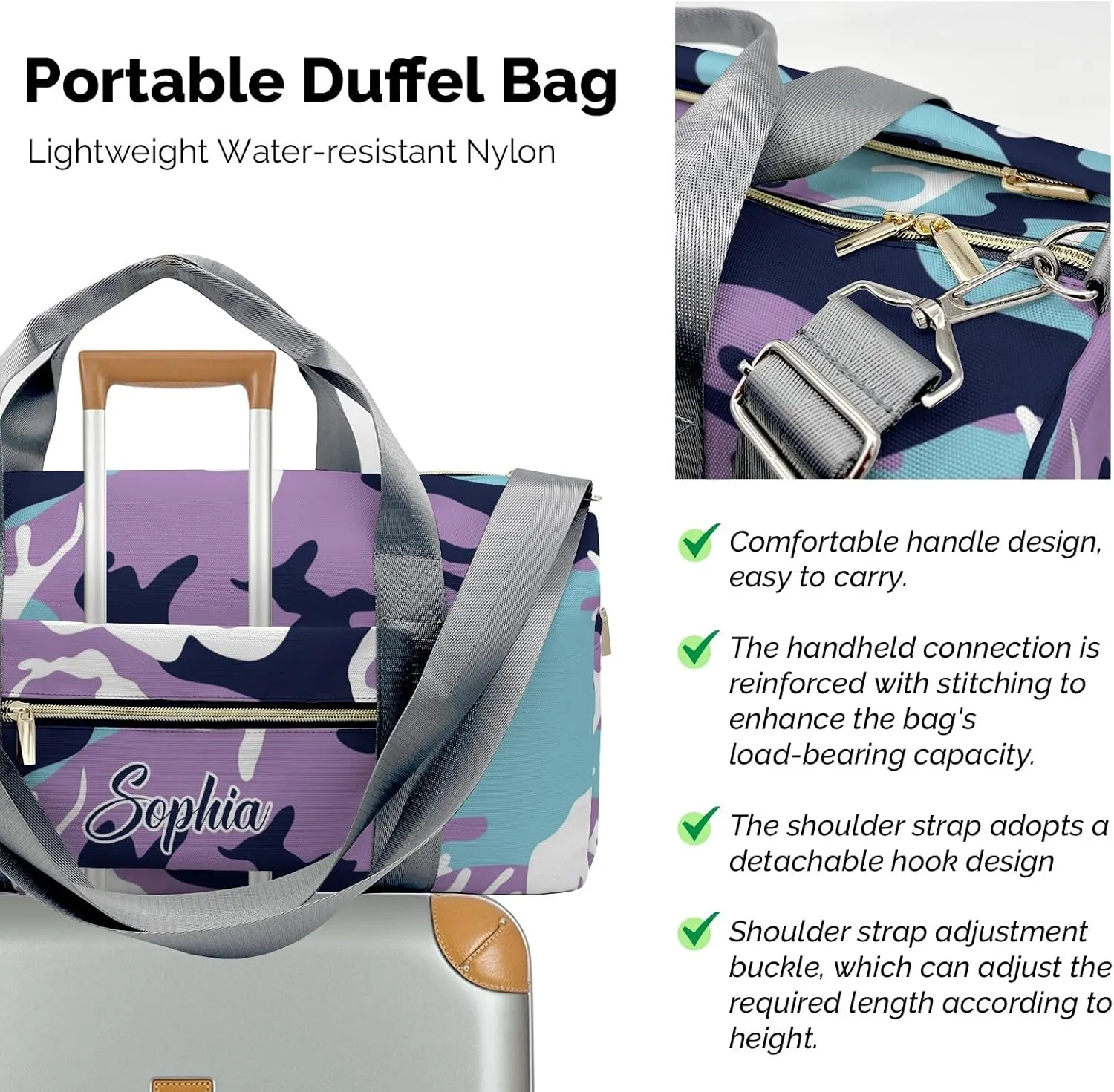 Personalized Custom Camo Purple Navy Blue Travel Duffel Bag Large Capacity Multifunctional Sports Daypack with Name