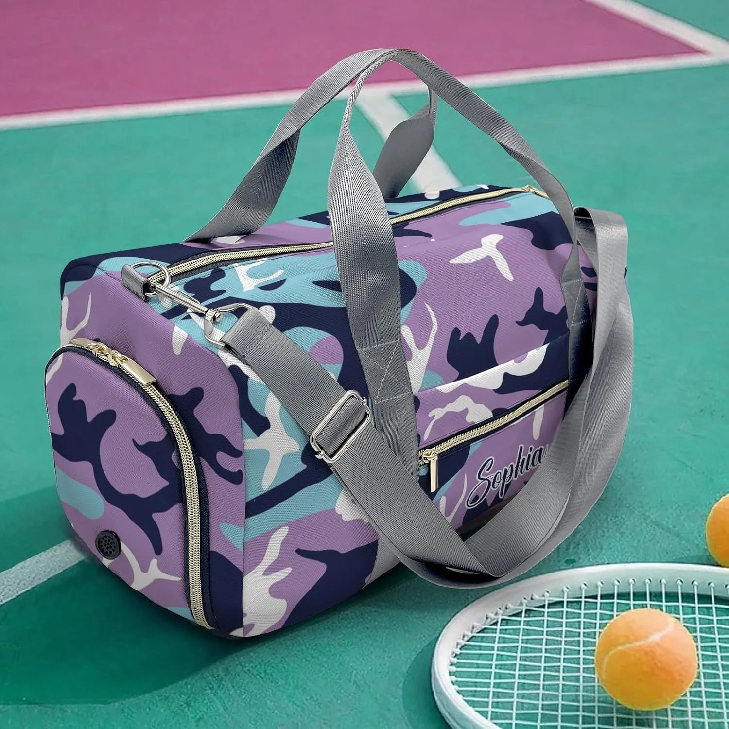 Personalized Custom Camo Purple Navy Blue Travel Duffel Bag Large Capacity Multifunctional Sports Daypack with Name