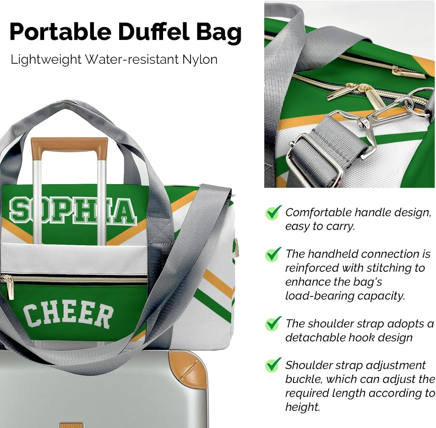 Personalized Custom Cheer Green Yellow CheerleaderDuffel Backpack Waterproof Multifunctional Daypack Gym Yoga Sport with Name Gift