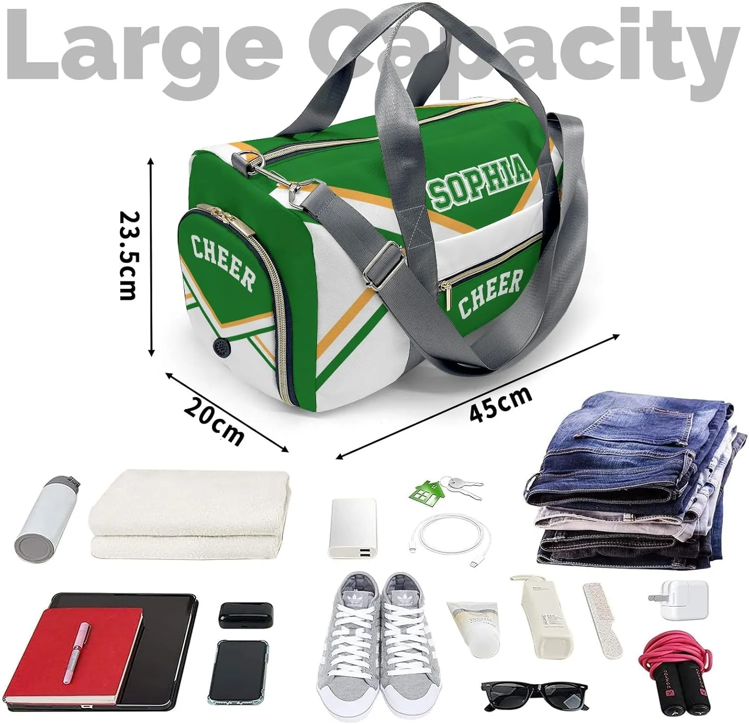 Personalized Custom Cheer Green Yellow CheerleaderDuffel Backpack Waterproof Multifunctional Daypack Gym Yoga Sport with Name Gift