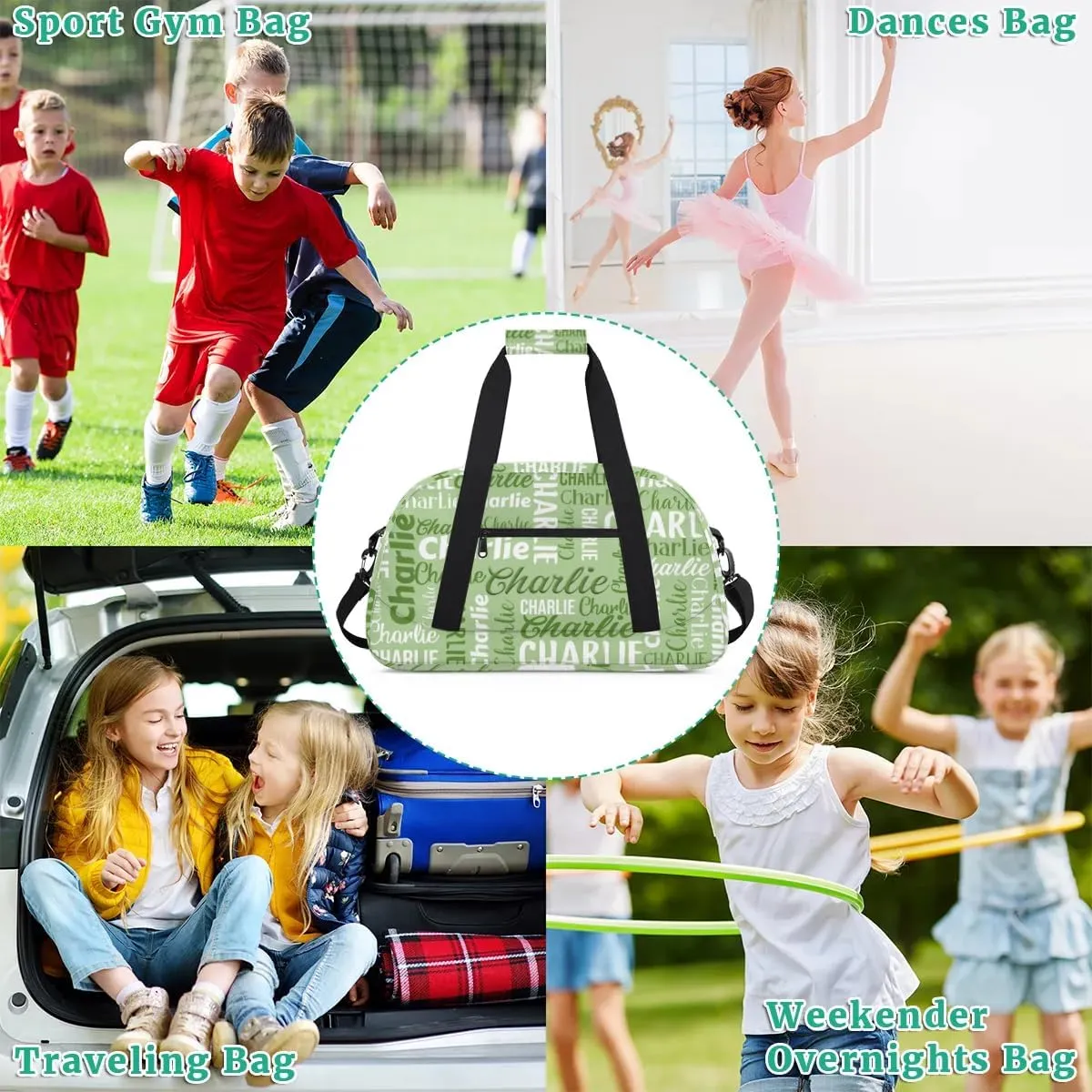 Personalized Dance Bag Duffel Bag for Girl, Custom Gym Bag Sport Duffel Bag, Ballet Bag Gymnastics Bag Cheerleader Weekender Bags Travel Bag for Kids Green Text Name