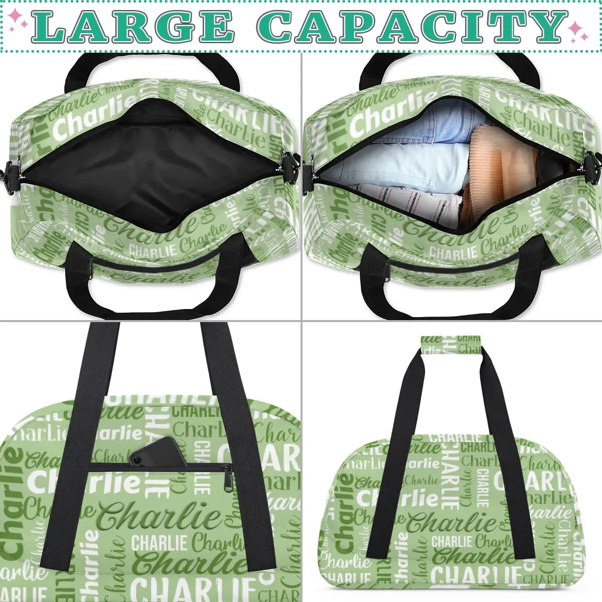 Personalized Dance Bag Duffel Bag for Girl, Custom Gym Bag Sport Duffel Bag, Ballet Bag Gymnastics Bag Cheerleader Weekender Bags Travel Bag for Kids Green Text Name