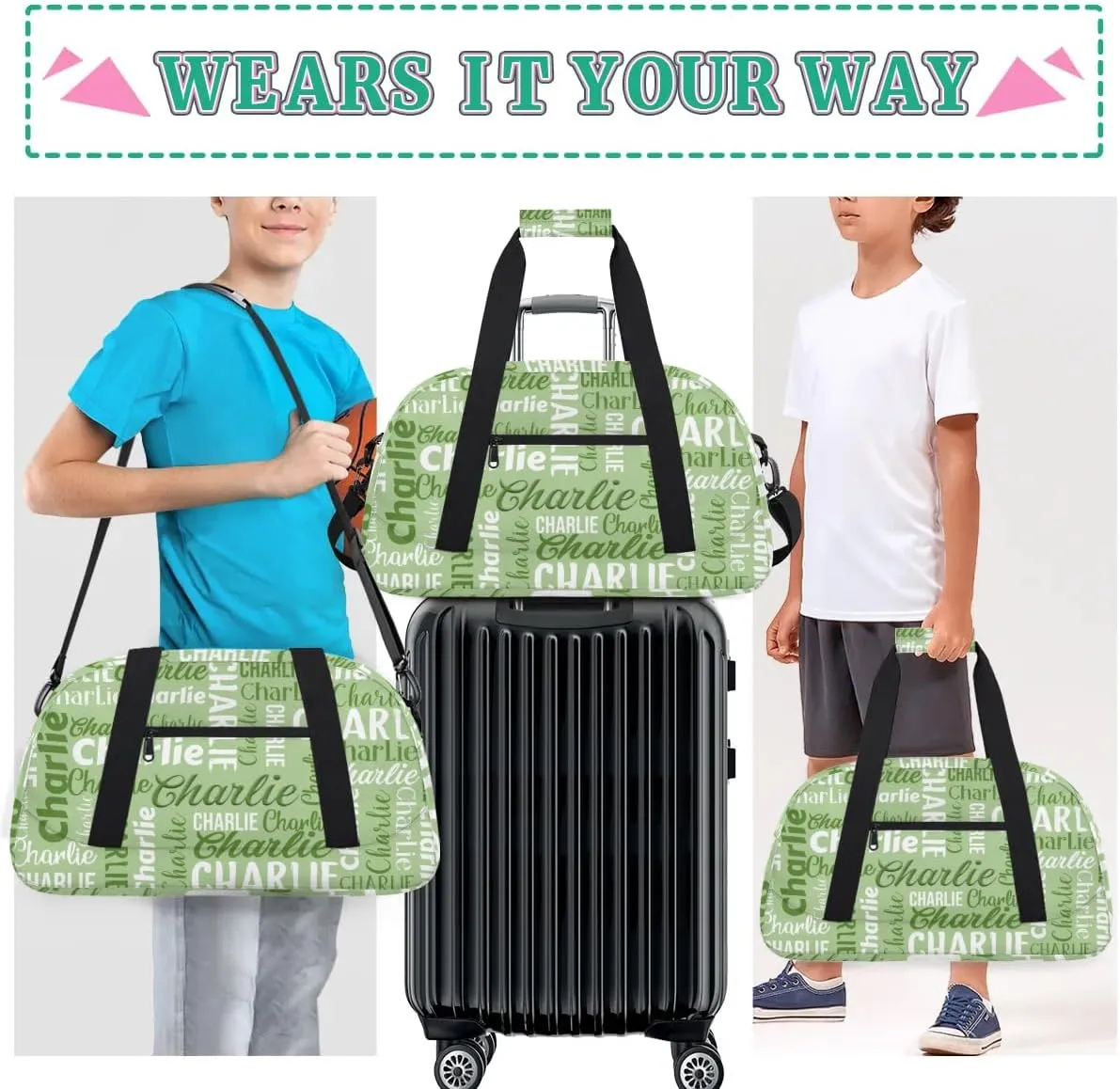 Personalized Dance Bag Duffel Bag for Girl, Custom Gym Bag Sport Duffel Bag, Ballet Bag Gymnastics Bag Cheerleader Weekender Bags Travel Bag for Kids Green Text Name