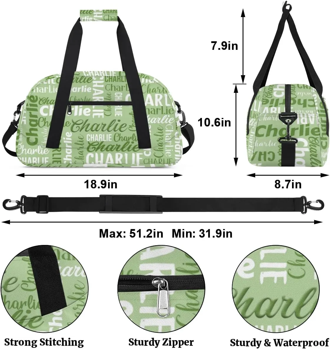 Personalized Dance Bag Duffel Bag for Girl, Custom Gym Bag Sport Duffel Bag, Ballet Bag Gymnastics Bag Cheerleader Weekender Bags Travel Bag for Kids Green Text Name