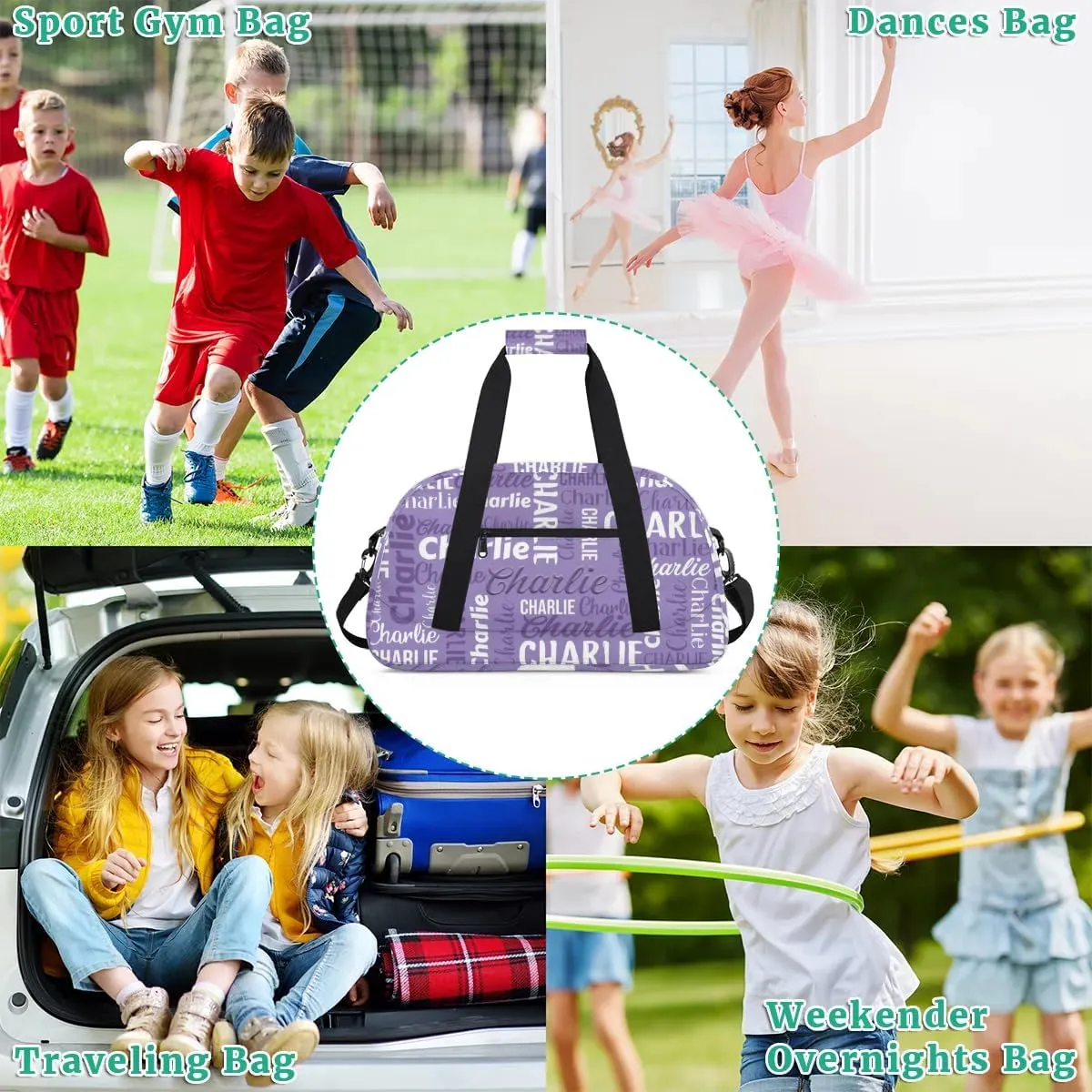 Personalized Dance Bag Duffel Bag for Girl, Custom Gym Bag Sport Duffel Bag, Ballet Bag Gymnastics Bag Cheerleader Weekender Bags Travel Bag for Kids Purple Text Name