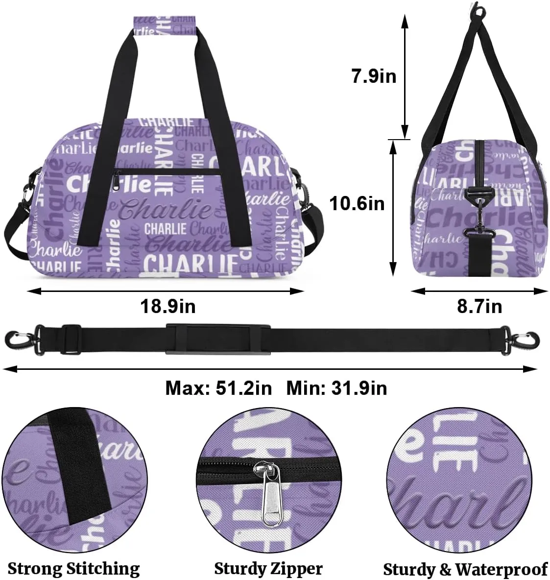 Personalized Dance Bag Duffel Bag for Girl, Custom Gym Bag Sport Duffel Bag, Ballet Bag Gymnastics Bag Cheerleader Weekender Bags Travel Bag for Kids Purple Text Name