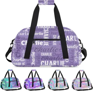 Personalized Dance Bag Duffel Bag for Girl, Custom Gym Bag Sport Duffel Bag, Ballet Bag Gymnastics Bag Cheerleader Weekender Bags Travel Bag for Kids Purple Text Name